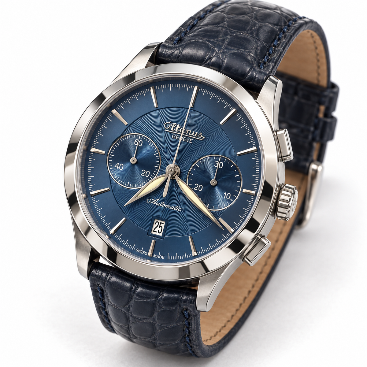 Orologio Altanus Elite — Cronografo automatico, quadrante blu e cinturino in alligatore — NOS, 42mm - 7875