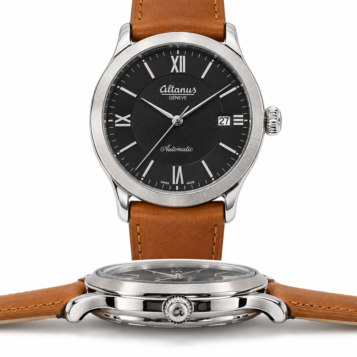 Orologio Altanus Prestige — Automatico con fondello a vista, quadrante nero e cinturino marrone — NOS, 41mm - 7938