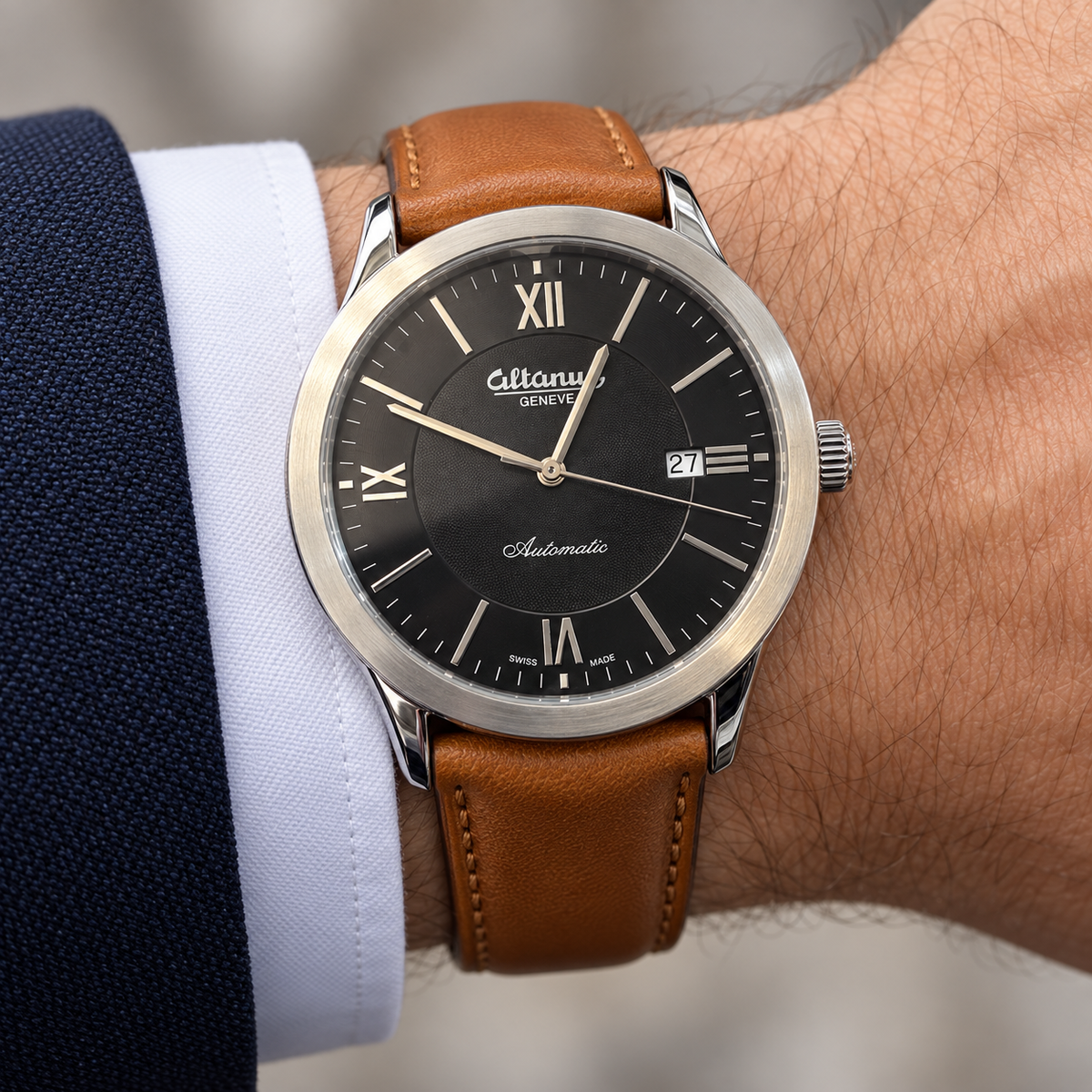 Orologio Altanus Prestige — Automatico con fondello a vista, quadrante nero e cinturino marrone — NOS, 41mm - 7938