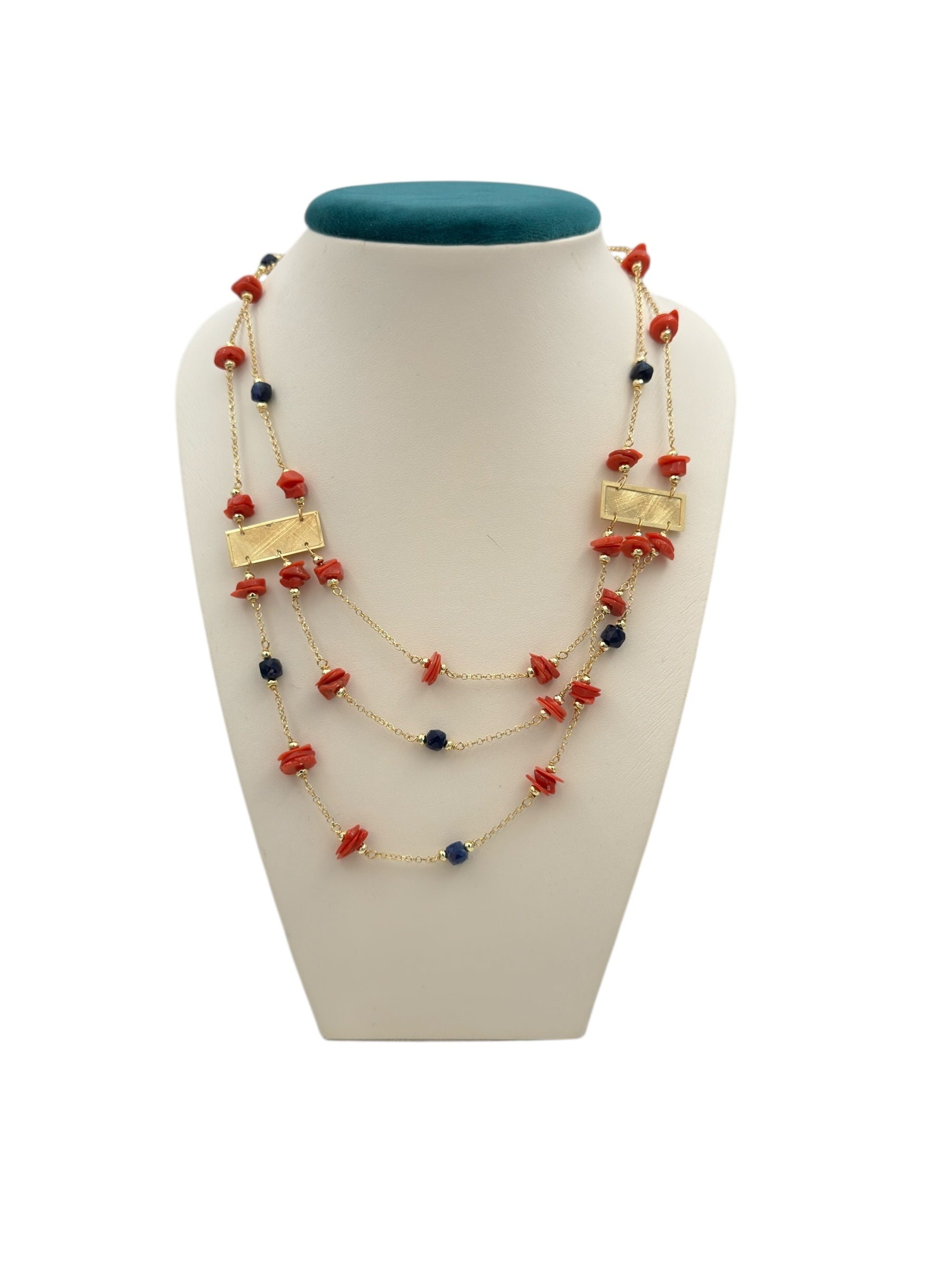 Koliè 925 - Collana multifilo in argento dorato, con corallo e pietre semipreziose naturali - CL NERES 11