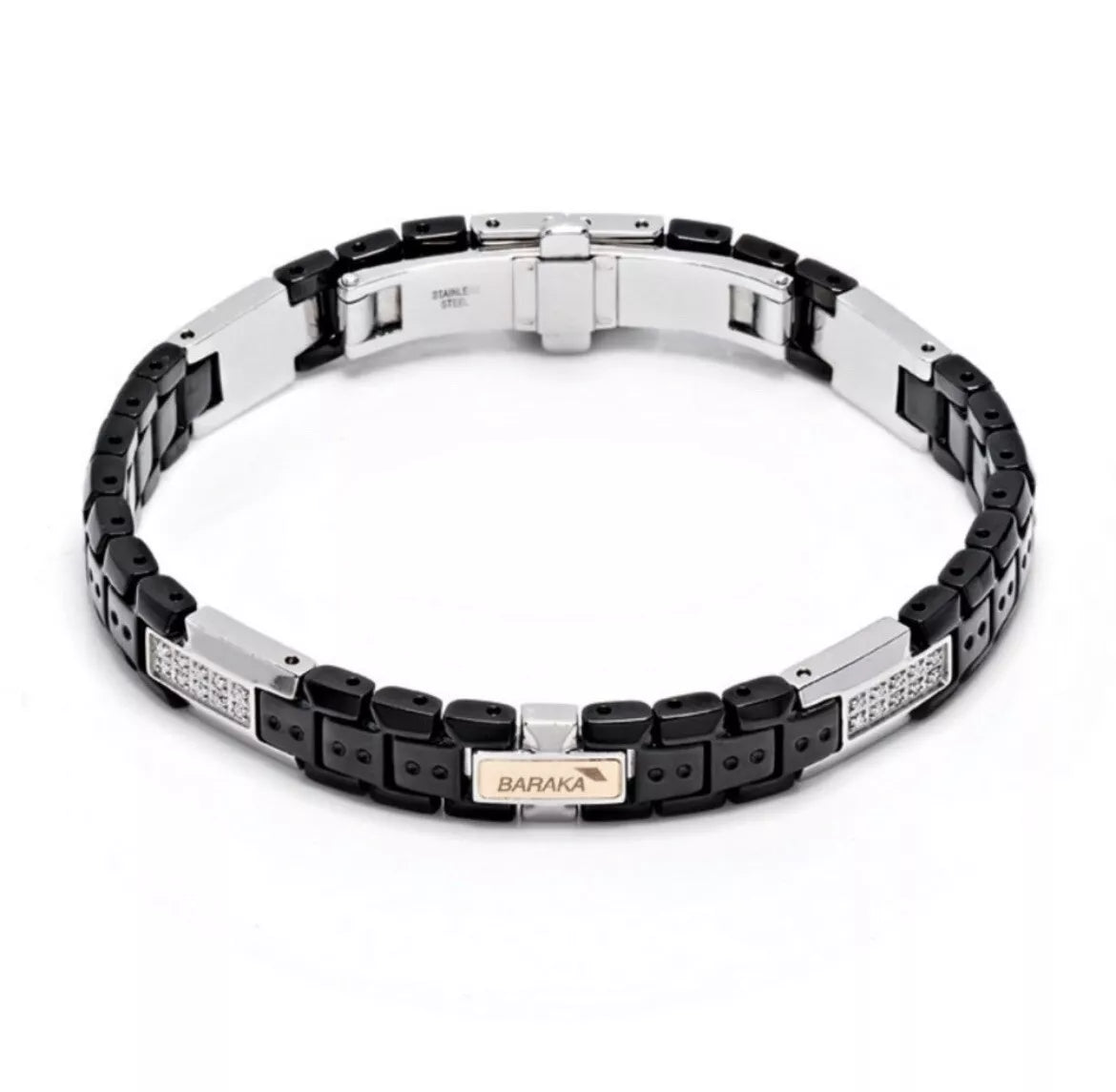 Bracciale Baraka' Collezione "Kabala" in ceramica nera, acciaio, dettagli oro rosa 18kt e  diamante centrale - BR214203