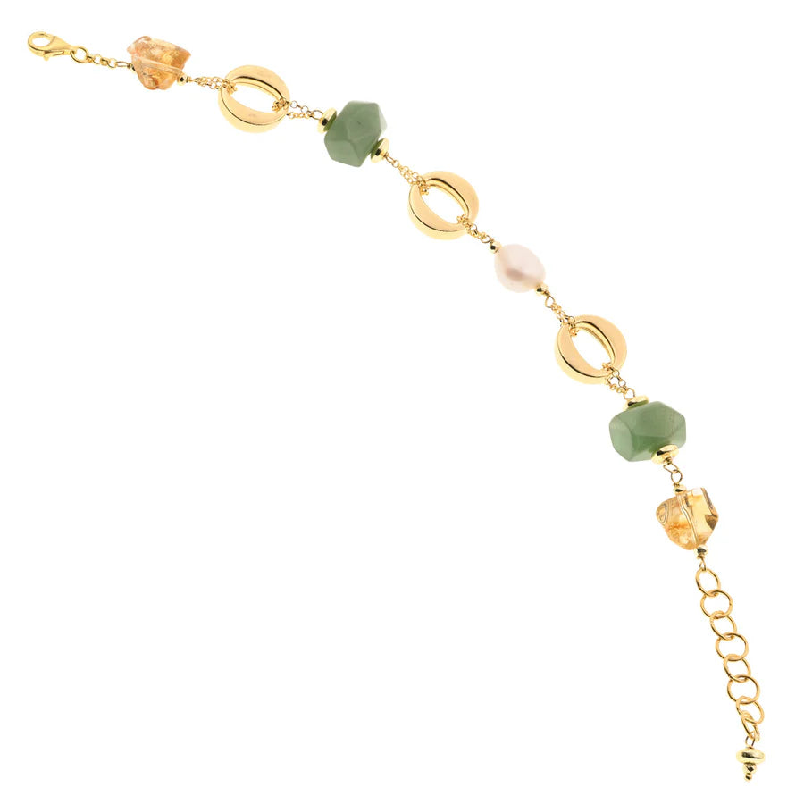 Koliè 925 - Bracciale in argento dorato con perla barocca, quarzi gialli e pietre verdi naturali - BR LEFKADA 02