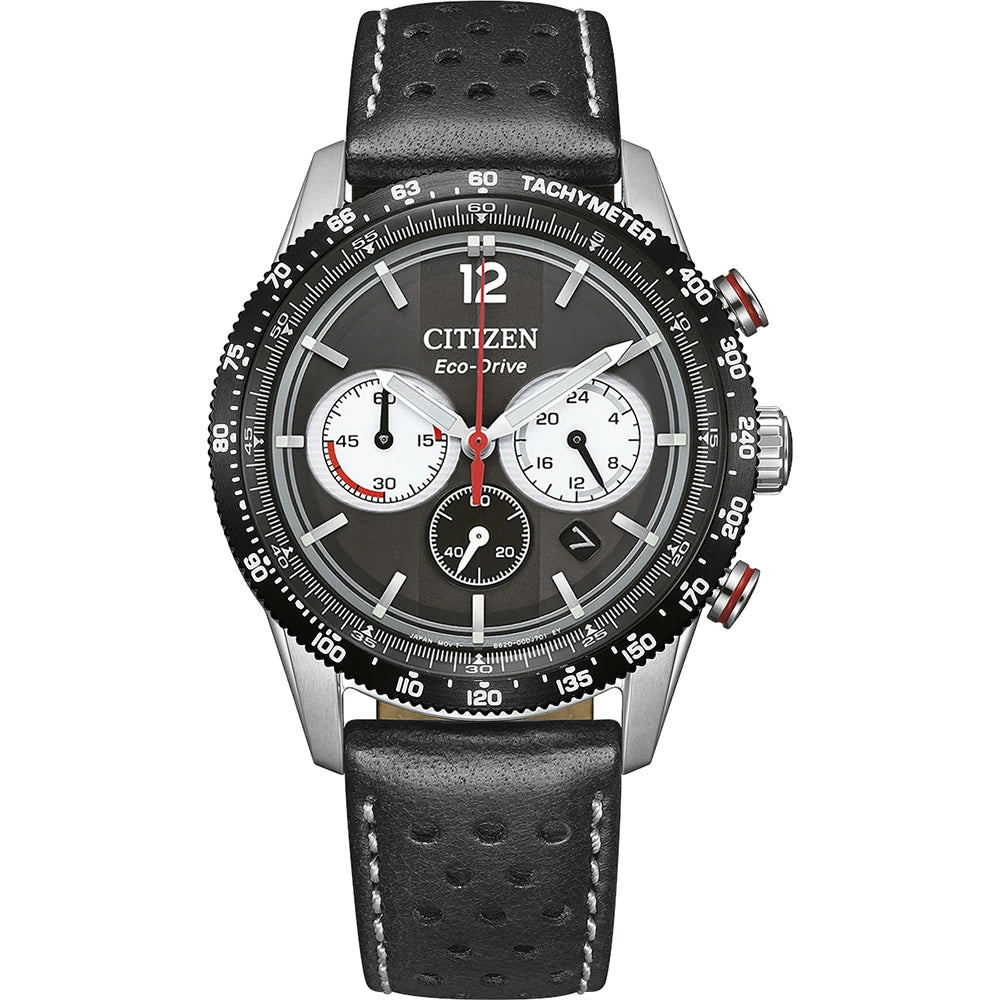 Orologio Citizen Racing Crono, Eco-Drive e tachimetro, bracciale in pelle e quadrante nero, 40mm - CA4717-06E