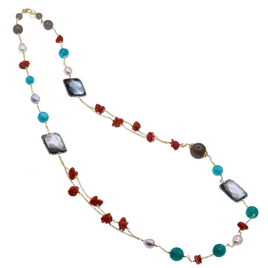 Koliè 925 - Collana in argento dorato con corallo naturale, perle mabè e pietre semipreziose naturali - CL AGADIR 18