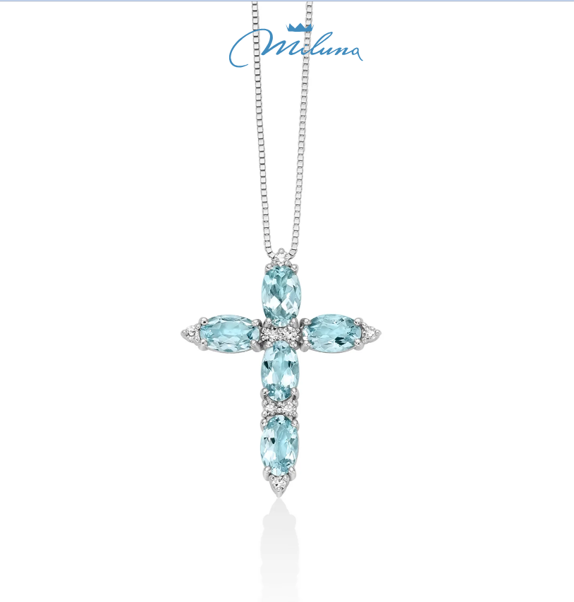Collana Miluna con pendente a croce di acquemarine e diamanti in oro bianco 18KT - CLD4875
