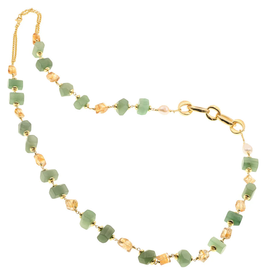 Koliè 925 - Collana lunga in argento dorato con perla barocca, quarzi gialli e pietre verdi naturali - CL LEFKADA 02