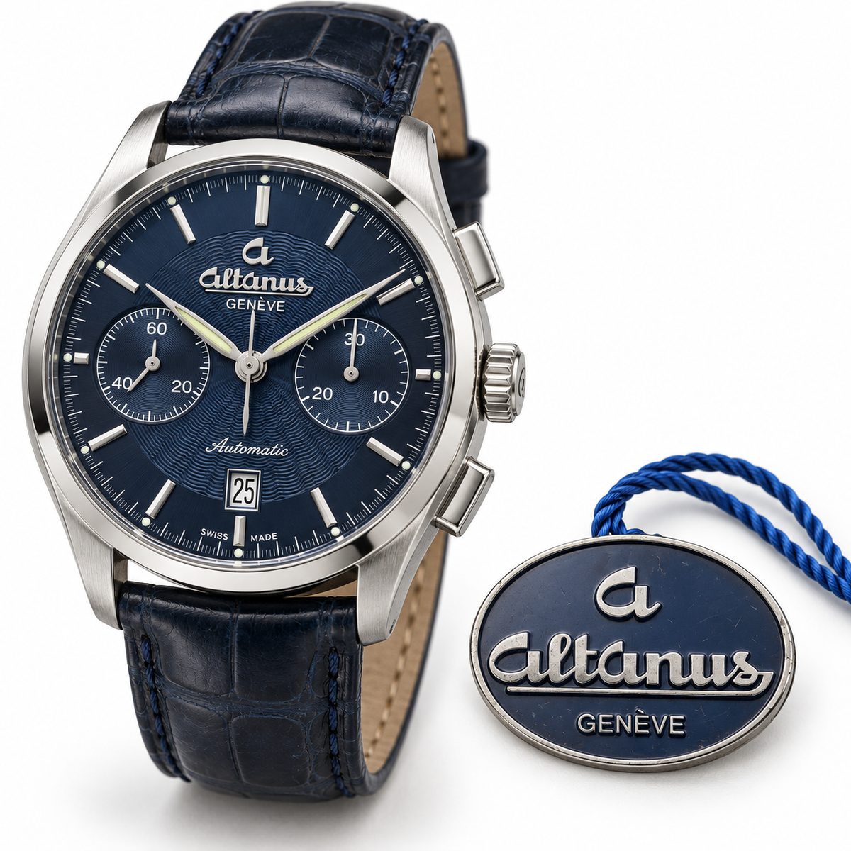 Orologio Altanus Elite — Cronografo automatico, quadrante blu e cinturino in alligatore — NOS, 42mm - 7875