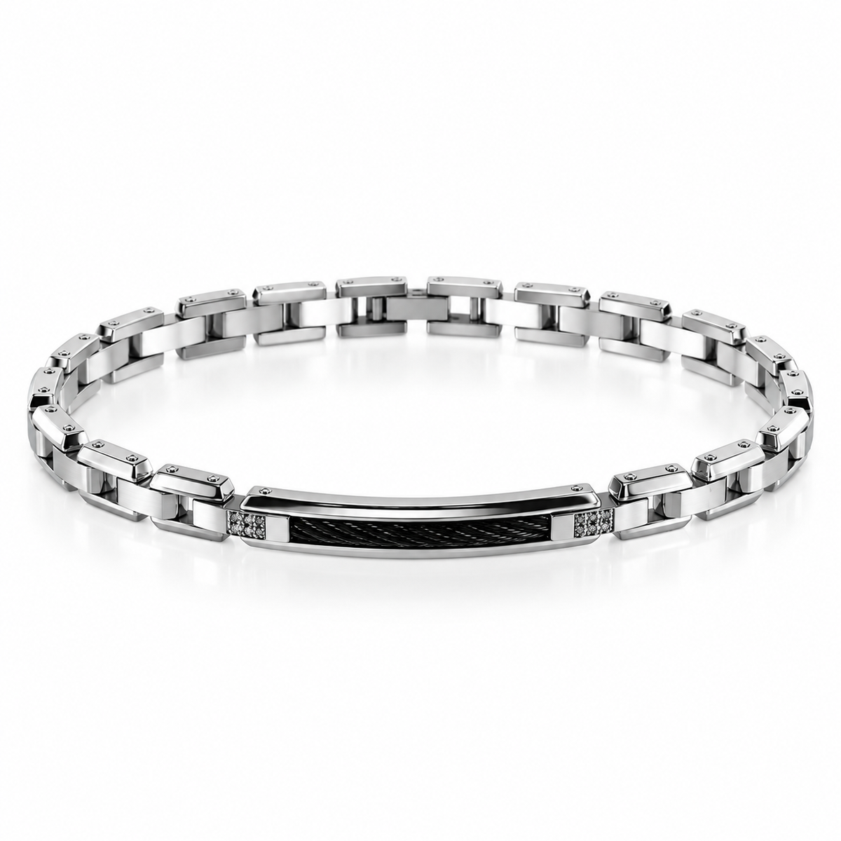 Bracciale Zancan uomo in acciaio con cavetto nero e spinelli — 21 cm regolabile - Ref. UHB208