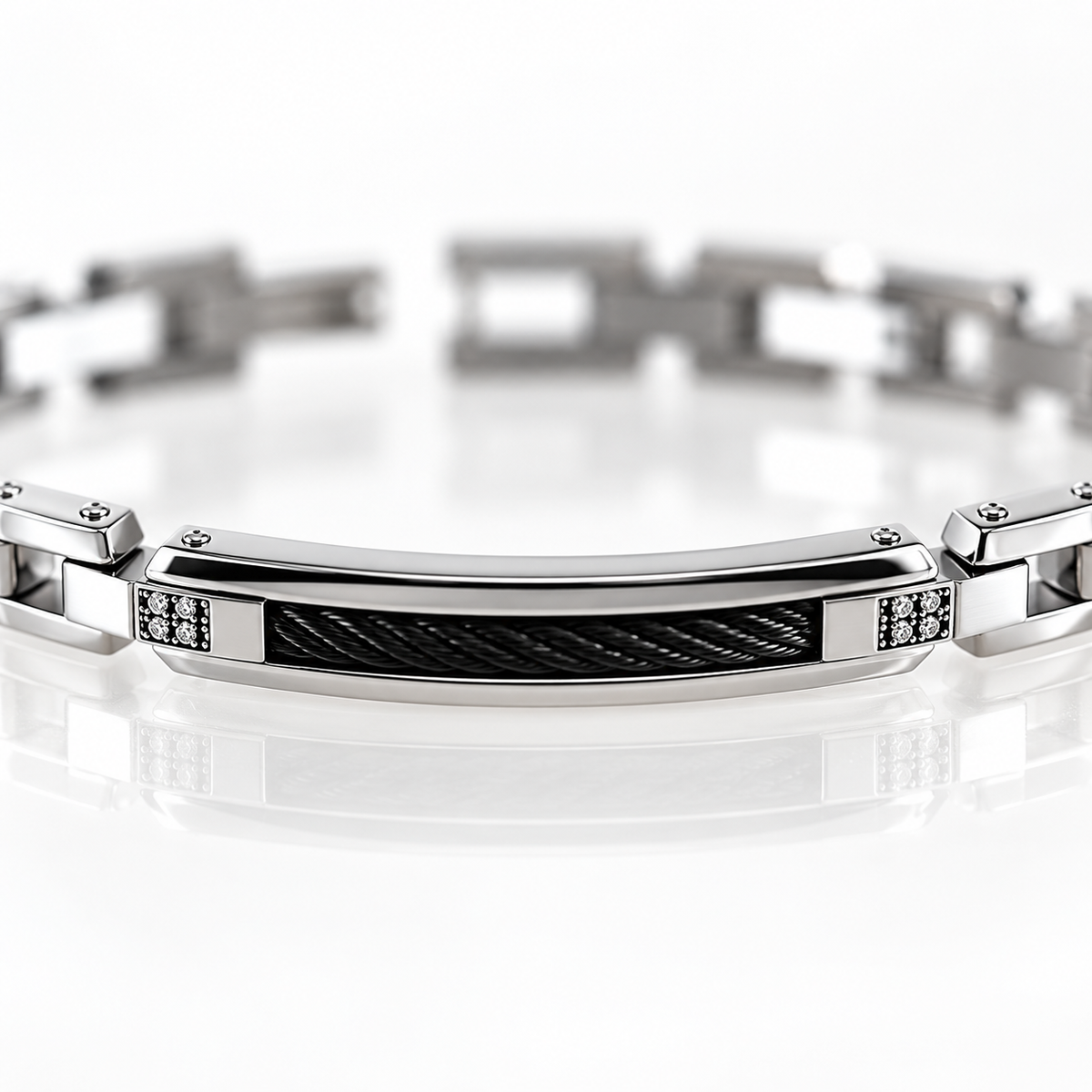Bracciale Zancan uomo in acciaio con cavetto nero e spinelli — 21 cm regolabile - Ref. UHB208