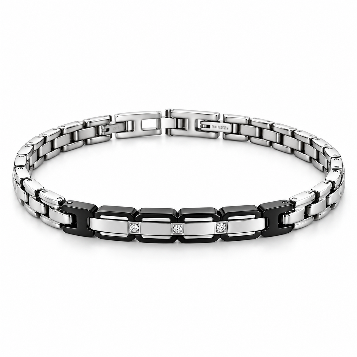 Bracciale Zancan in acciaio, con targa centrale in PVD nero e zirconi incastonati - UHB006