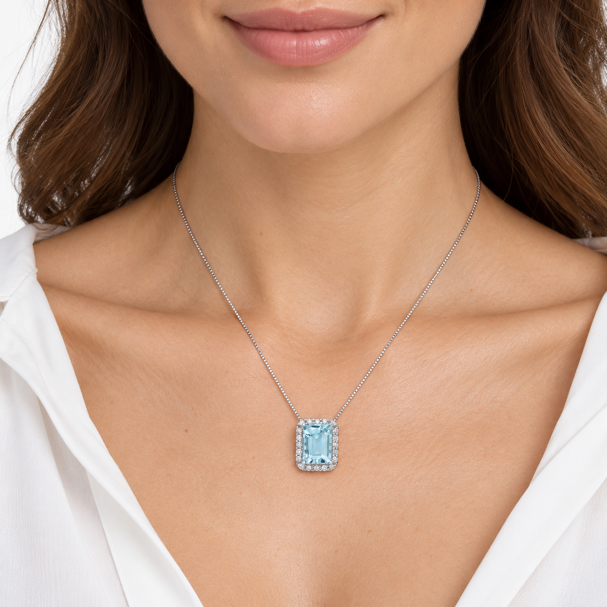 Collar Miluna con aguamarina octogonal y diamantes en oro blanco de 18 quilates - CLD4722