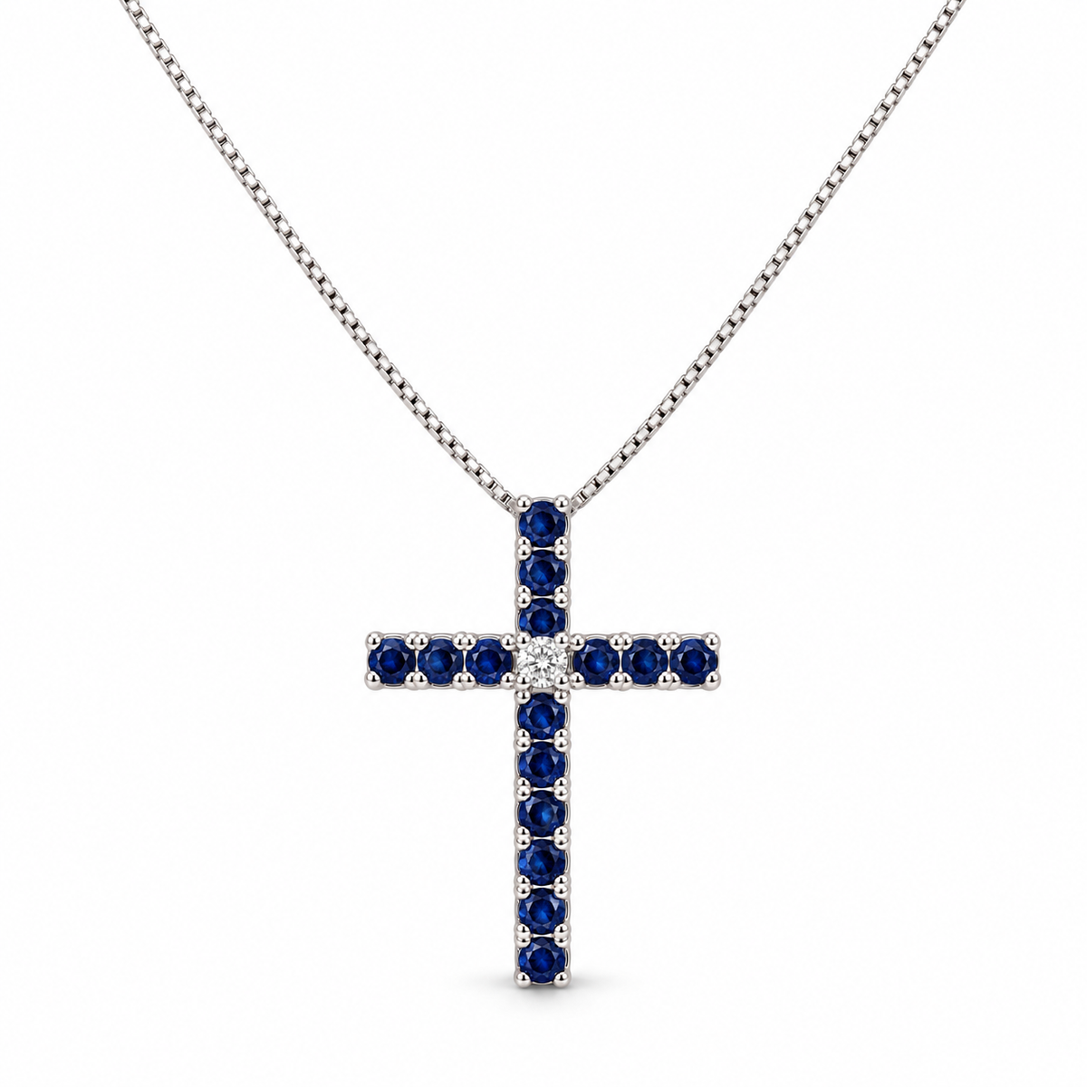 Recarlo Girocollo in oro bianco 18 kt con croce di zaffiri blu ct 0,63 e diamante naturale ct 0,03 - P93CR006/ZX-45