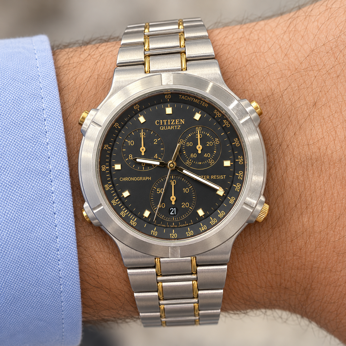 Orologio Citizen Quartz Chronograph — Acciaio e dettagli color oro 38 mm — al quarzo con tachimetro — NOS con corredo originale - 3560-352441