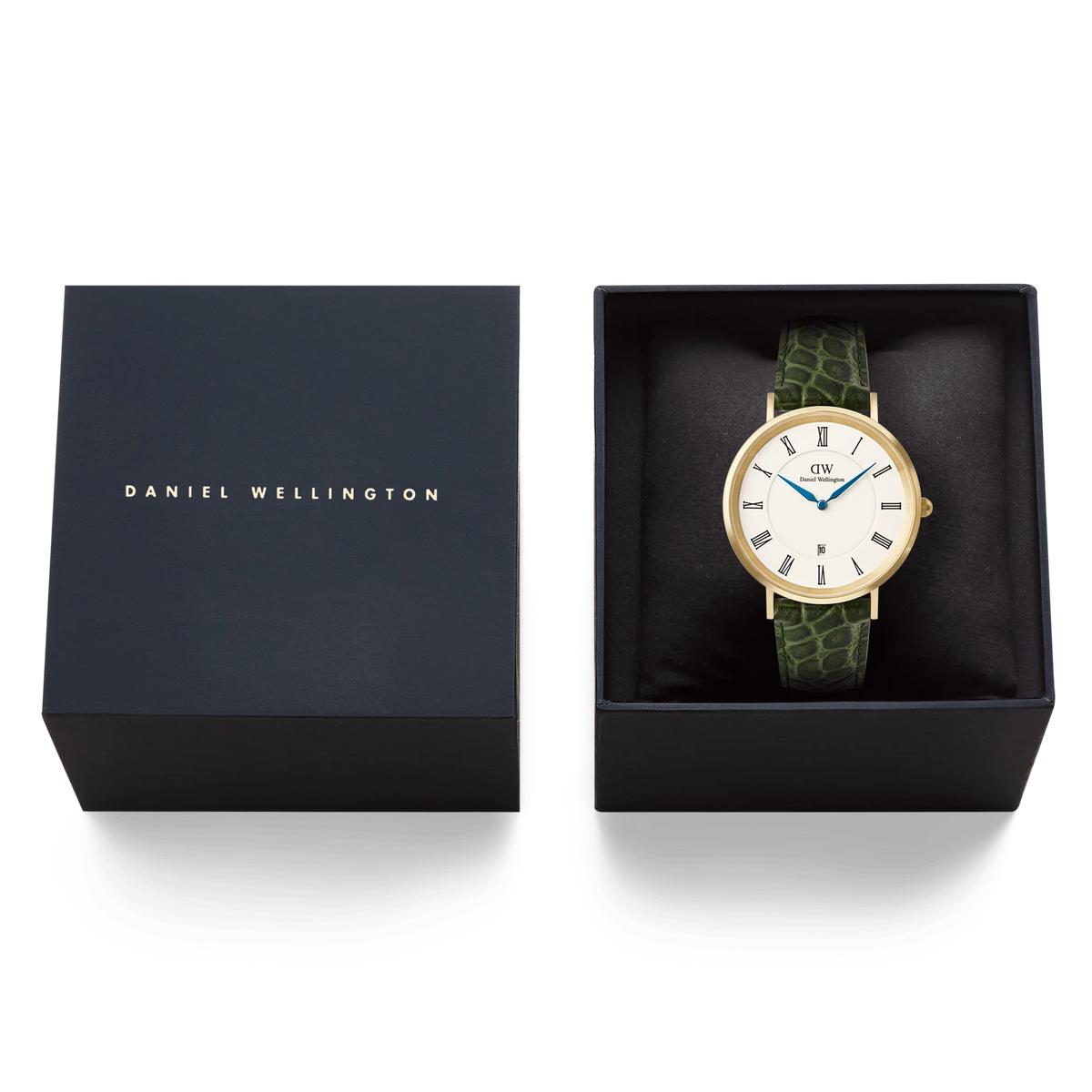 Orologio Daniel Wellington quarzo quadrante bianco, Classic Roman Numerals Date Dark Green Croc Belly Gold, 40mm - DW00100917