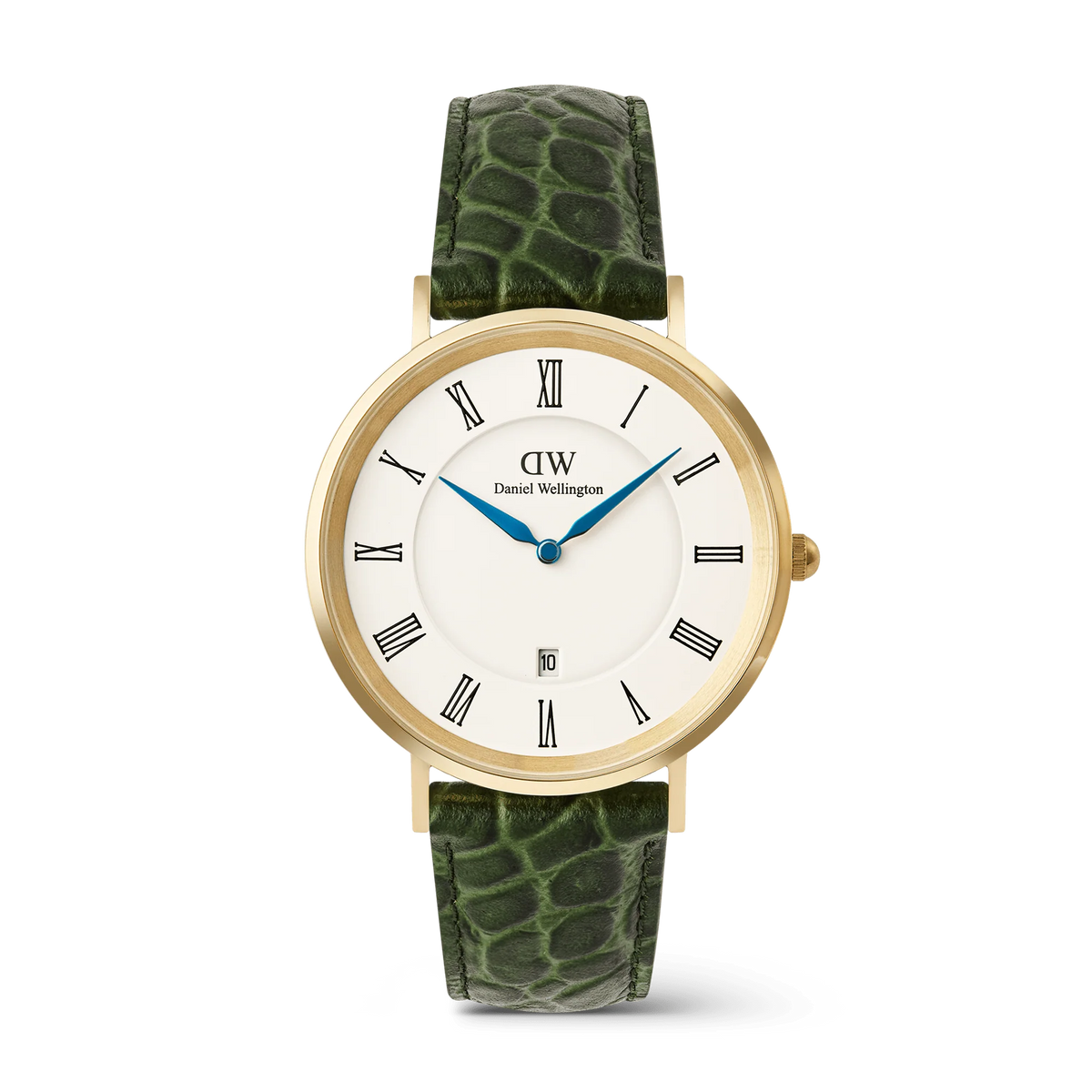 Orologio Daniel Wellington quarzo quadrante bianco, Classic Roman Numerals Date Dark Green Croc Belly Gold, 40mm - DW00100917