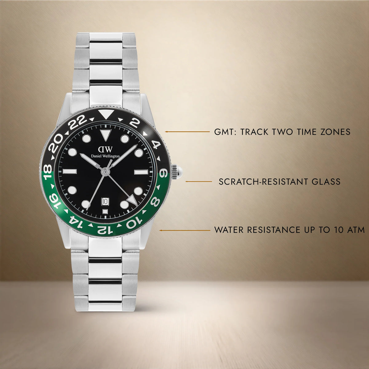 Orologio Daniel Wellington quarzo quadrante nero, Iconic GMT Link Black Green Ceramic Bezel Silver, 40mm - DW00100920