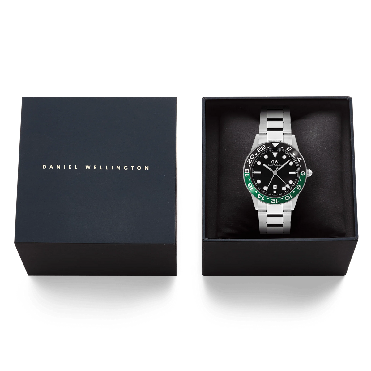 Orologio Daniel Wellington quarzo quadrante nero, Iconic GMT Link Black Green Ceramic Bezel Silver, 40mm - DW00100920