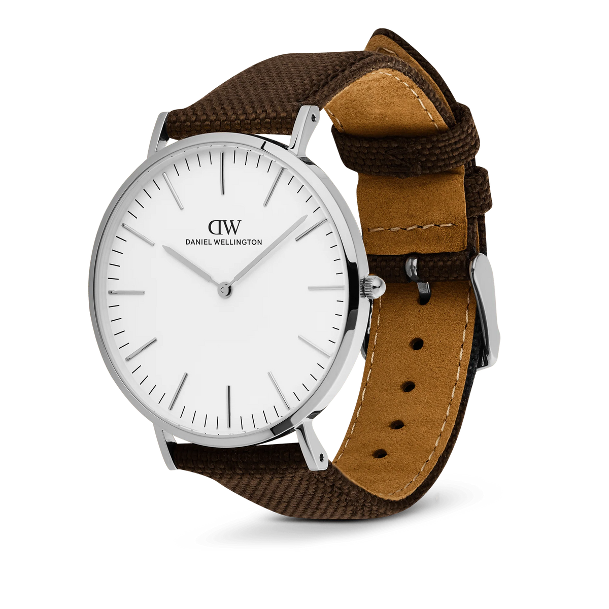 Orologio Daniel Wellington quarzo quadrante bianco, Classic Brown Canvas Silver, 40mm - DW00100941