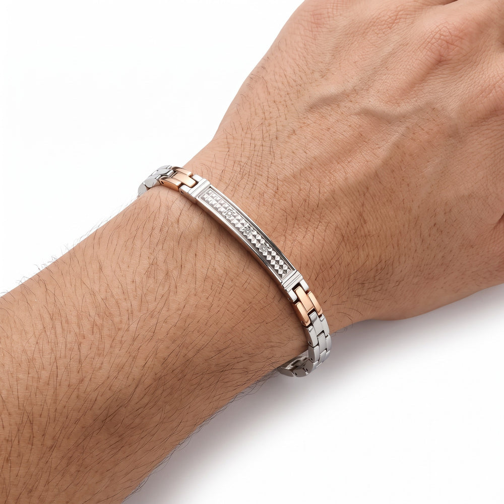 Bracciale Zancan Hi-Teck da uomo — Acciaio 316L e PVD oro rosa — Piastrina centrale con zirconi — 21 cm regolabile - EHB194