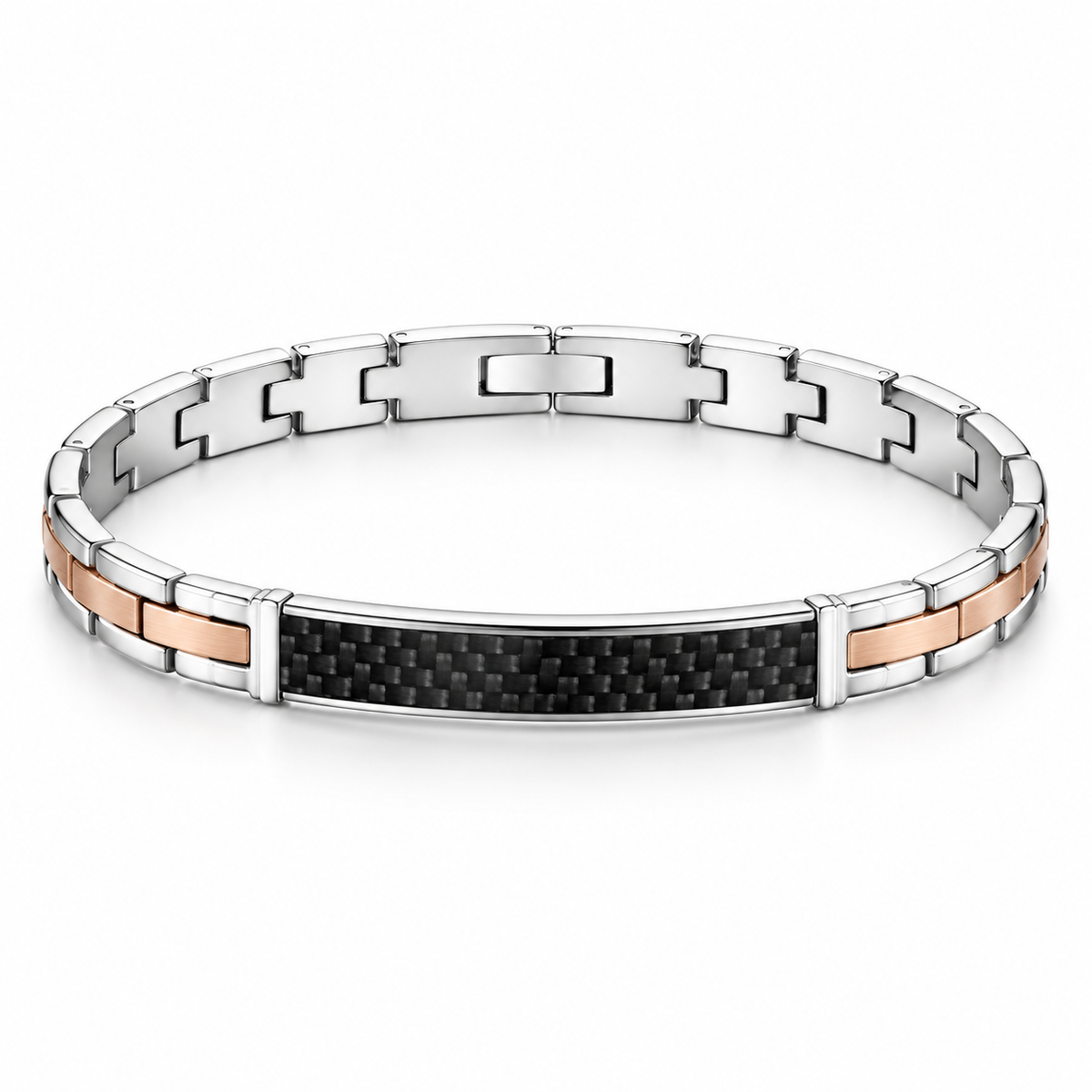 Bracciale Zancan Hi-Teck uomo in acciaio bicolore oro rosa con targa in fibra di carbonio — 21 cm regolabile - EHB259