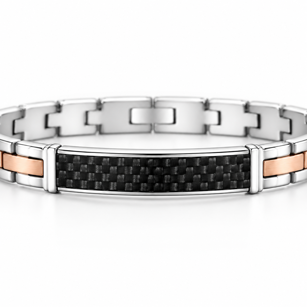 Bracciale Zancan Hi-Teck uomo in acciaio bicolore oro rosa con targa in fibra di carbonio — 21 cm regolabile - EHB259