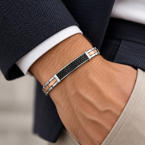 Bracciale Zancan Hi-Teck uomo in acciaio bicolore oro rosa con targa in fibra di carbonio — 21 cm regolabile - EHB259