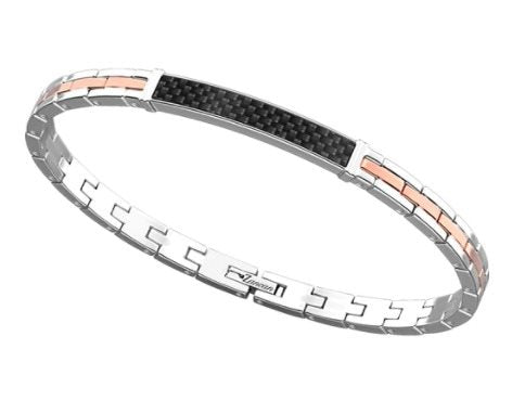 Bracciale Zancan Hi-Teck uomo in acciaio bicolore oro rosa con targa in fibra di carbonio — 21 cm regolabile - EHB259