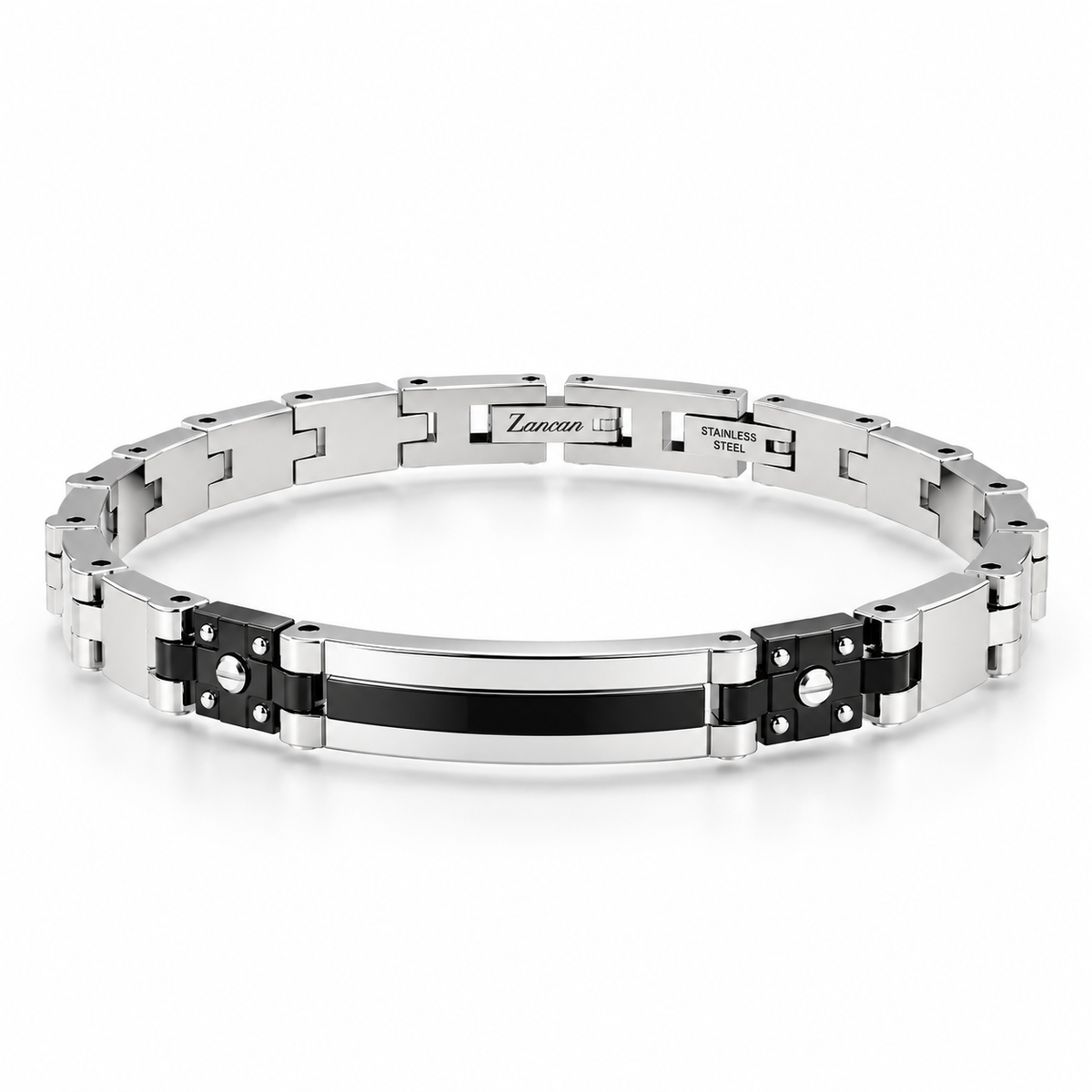 Bracciale Zancan uomo in acciaio con targa e inserti neri — 22 cm - EHB401