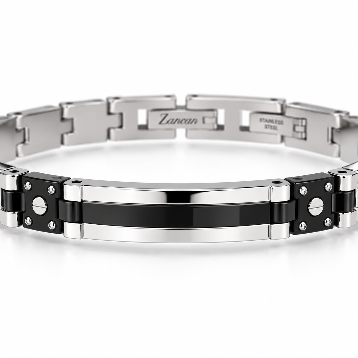 Bracciale Zancan uomo in acciaio con targa e inserti neri — 22 cm - EHB401
