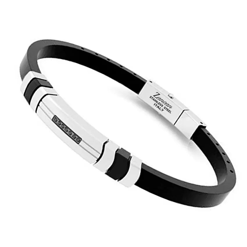 Bracciale da Uomo Zancan in caucciù nero e targa centrale in acciaio con zirconi neri - EHB428