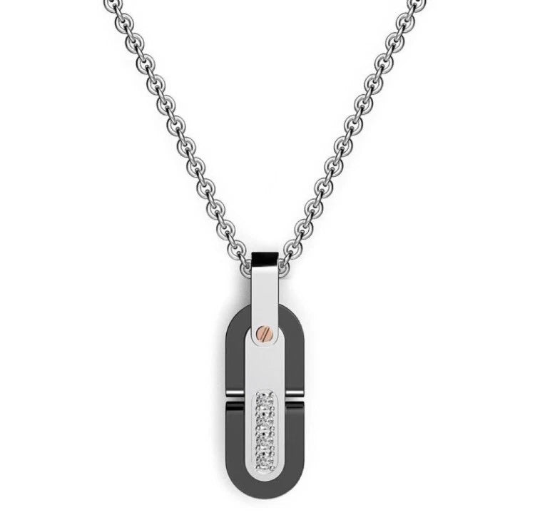 Collana Zancan in Acciaio, collezione Hi-Tech - Ciondolo con cornice nera e pietre bianche - EHC086