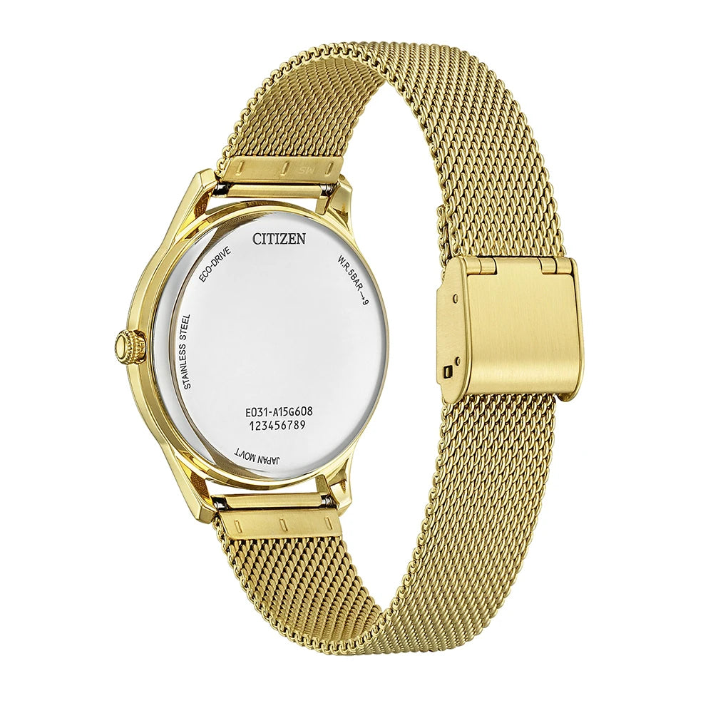 Orologio Citizen Lady Elegant, bracciale mesh color oro giallo e quadrante bianco, eco-drive, 34mm - EM1222-87A