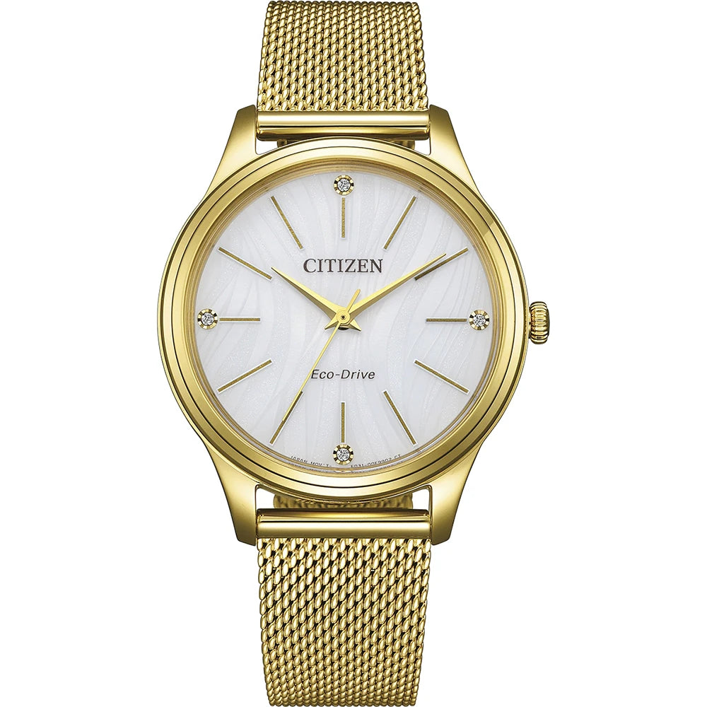 Orologio Citizen Lady Elegant, bracciale mesh color oro giallo e quadrante bianco, eco-drive, 34mm - EM1222-87A