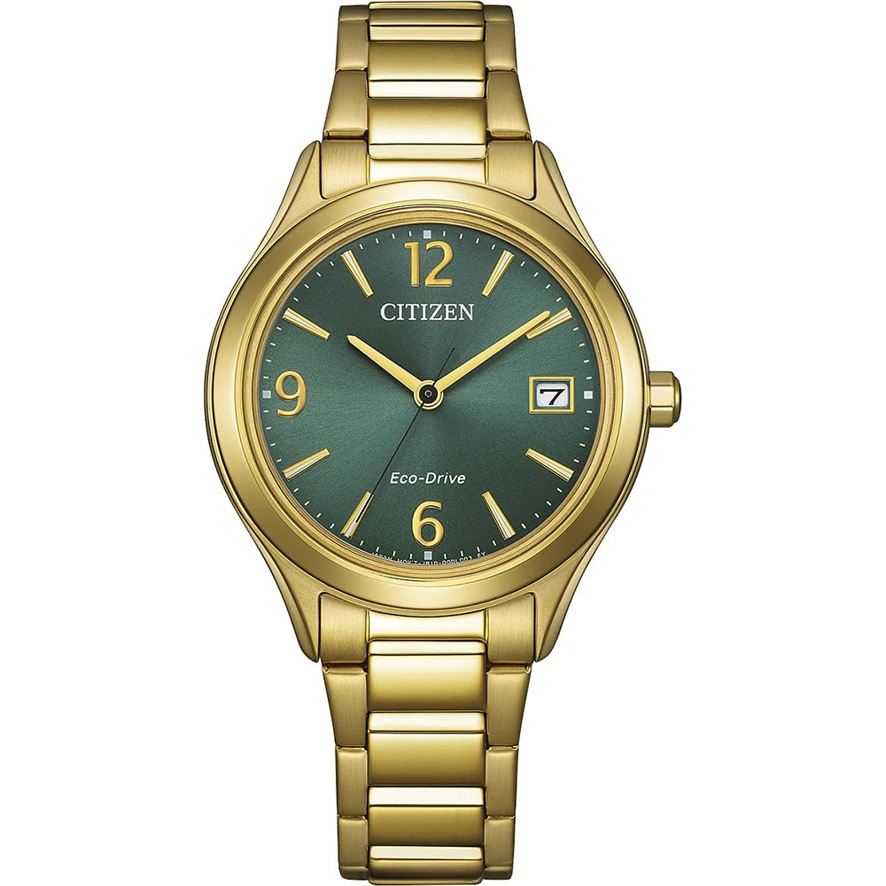 Orologio Citizen Lady Sport, bracciale color oro giallo e quadrante verde, eco-drive, 34mm - FE6122-64X