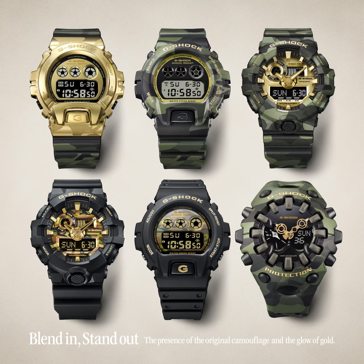 Orologio G-Shock classic, linea Bold Camo, mimetico e oro, 53mm - GA-700CF-1AER
