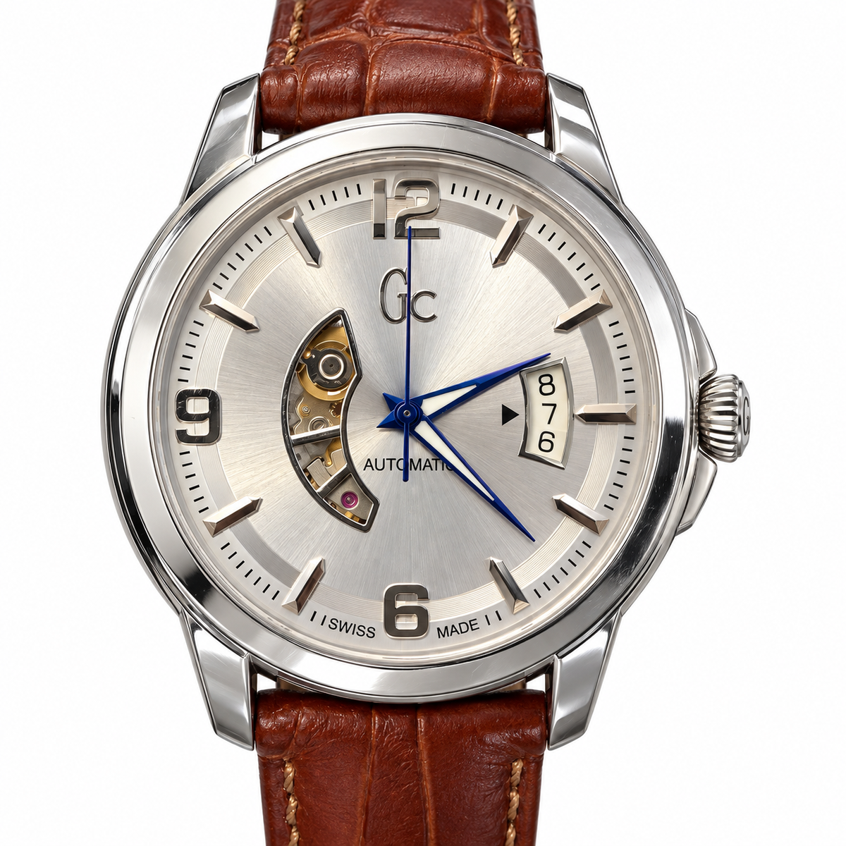 Orologio Uomo Guess Collection, Classica Automatic, Cuore aperto, datario a tre numeri, quadrante silver, NOS, 42mm - X84004G1S