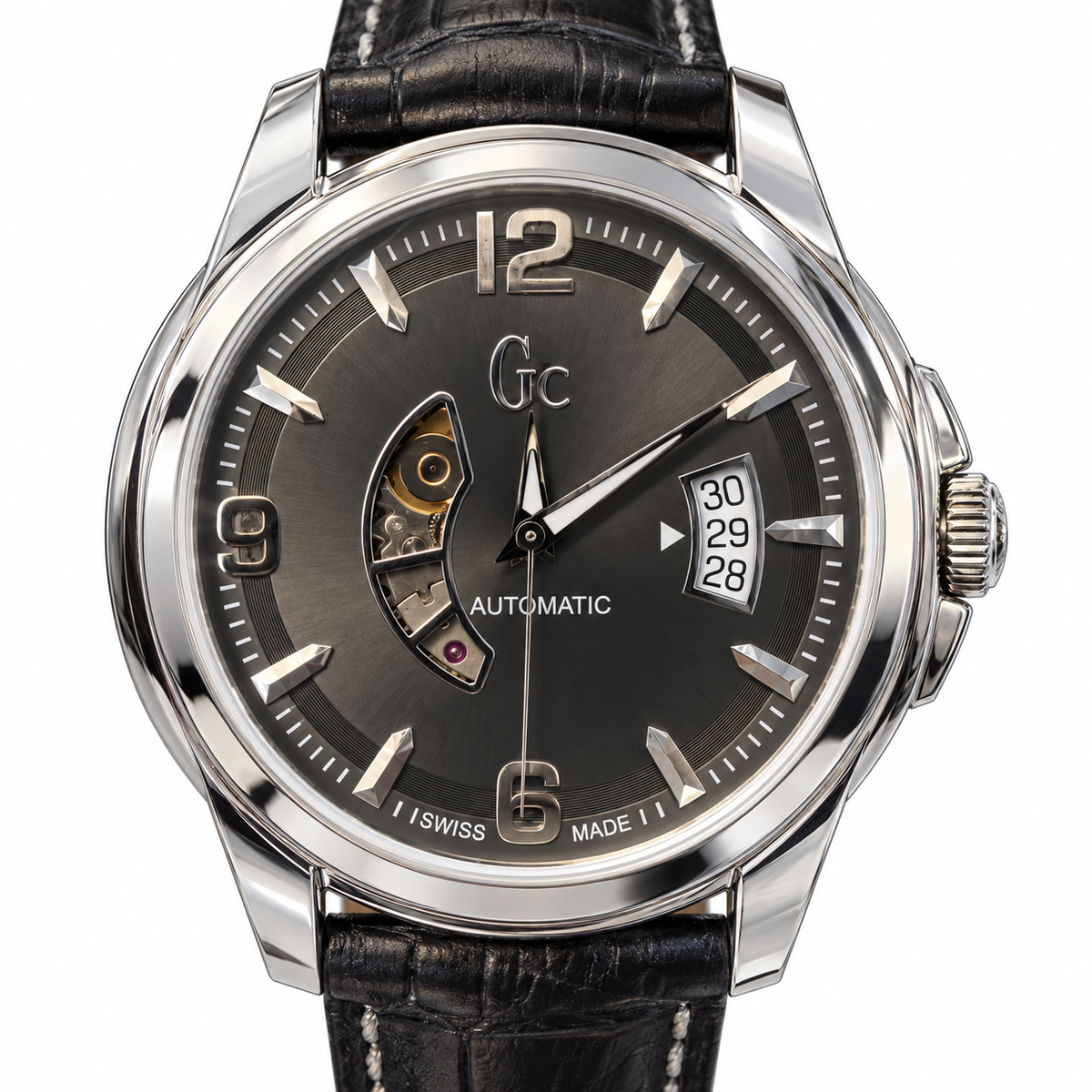 Orologio Uomo Guess Collection, Classica Automatic, Cuore aperto, datario a tre numeri, quadrante antracite, NOS, 42mm - X84003G5S