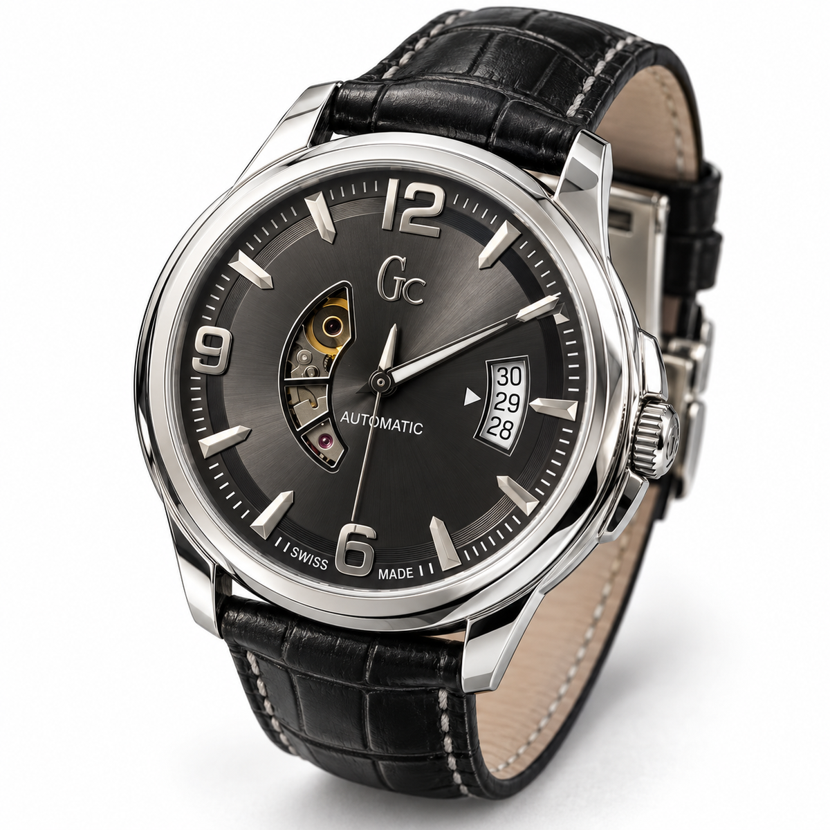 Orologio Uomo Guess Collection, Classica Automatic, Cuore aperto, datario a tre numeri, quadrante antracite, NOS, 42mm - X84003G5S