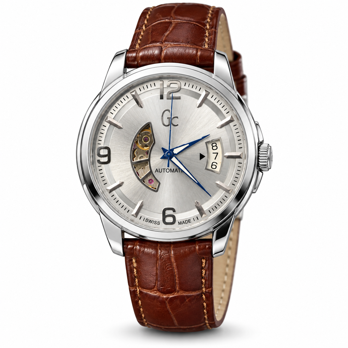 Orologio Uomo Guess Collection, Classica Automatic, Cuore aperto, datario a tre numeri, quadrante silver, NOS, 42mm - X84004G1S