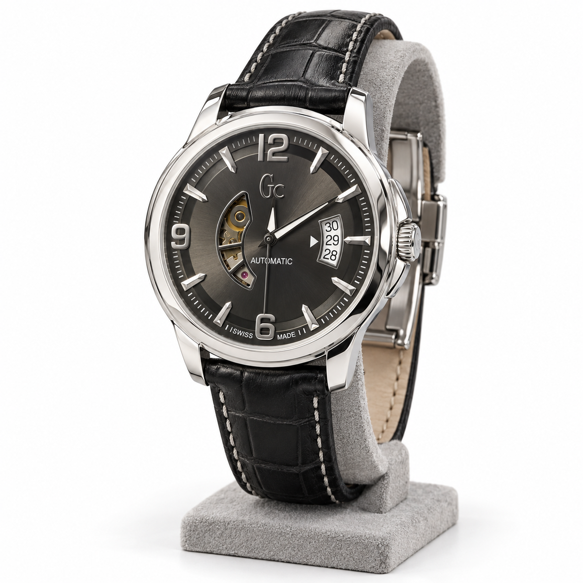 Orologio Uomo Guess Collection, Classica Automatic, Cuore aperto, datario a tre numeri, quadrante antracite, NOS, 42mm - X84003G5S