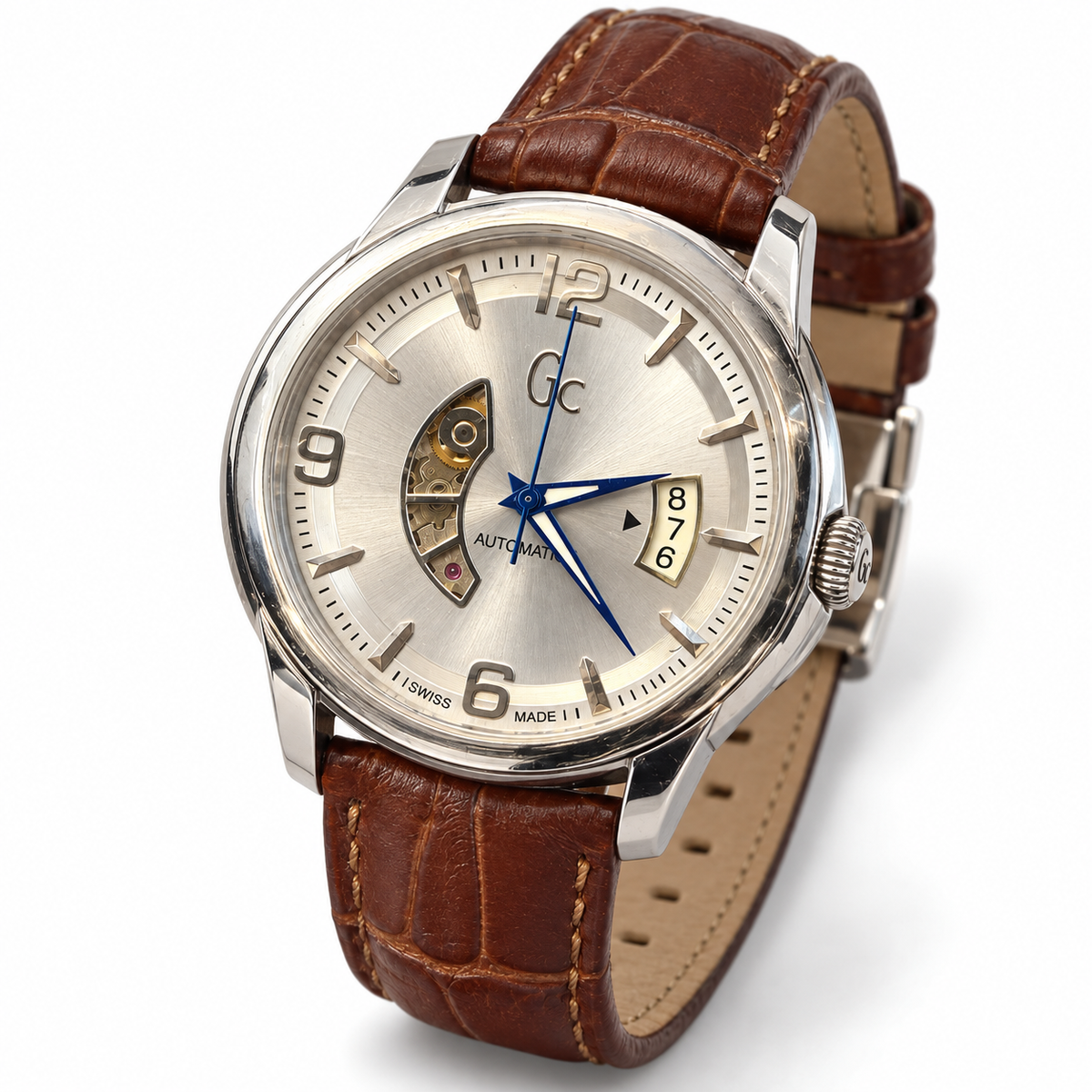 Orologio Uomo Guess Collection, Classica Automatic, Cuore aperto, datario a tre numeri, quadrante silver, NOS, 42mm - X84004G1S
