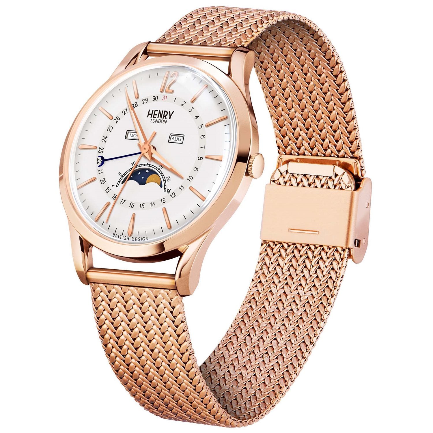 Orologio Henry London, quarzo e fasi lunari, quadrante bianco e cinturino color oro rosa, 39mm - HL39-LM-0162