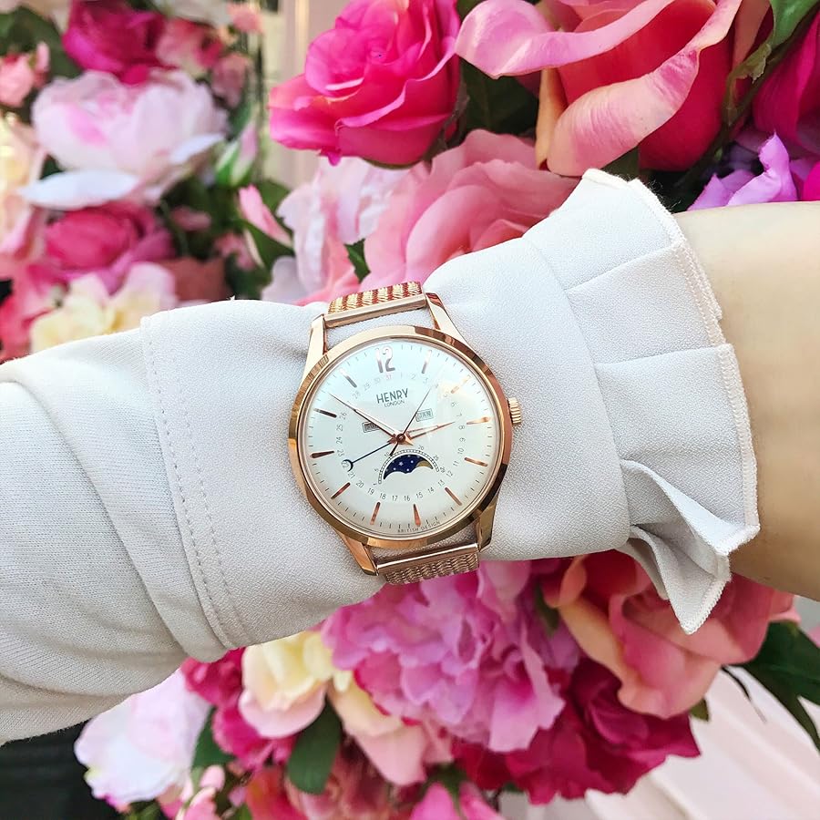 Orologio Henry London, quarzo e fasi lunari, quadrante bianco e cinturino color oro rosa, 39mm - HL39-LM-0162