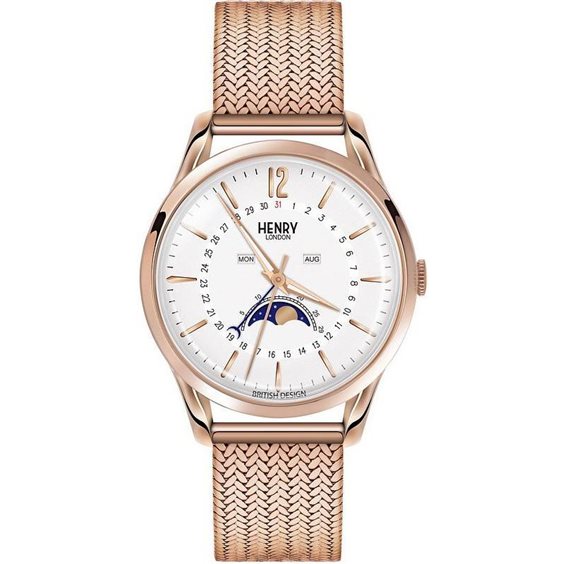 Orologio Henry London, quarzo e fasi lunari, quadrante bianco e cinturino color oro rosa, 39mm - HL39-LM-0162