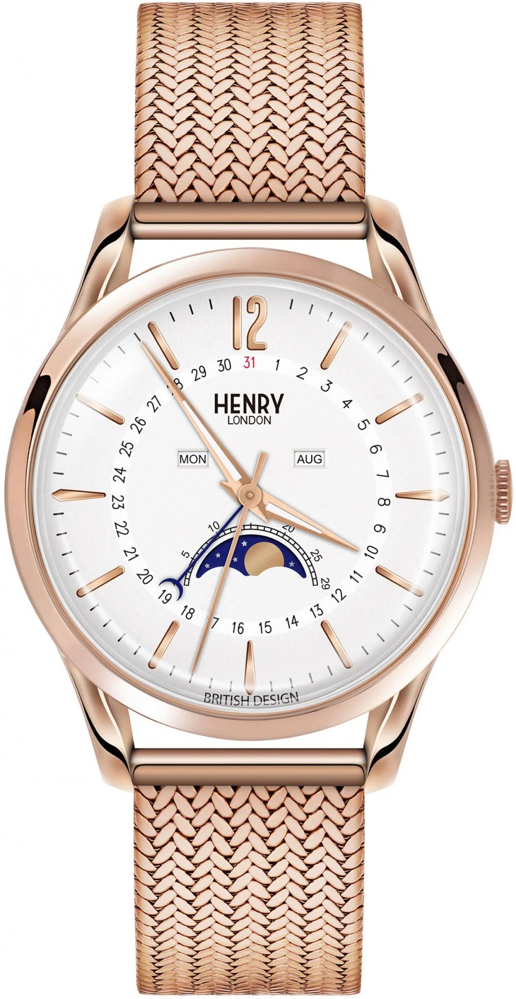 Orologio Henry London, quarzo e fasi lunari, quadrante bianco e cinturino color oro rosa, 39mm - HL39-LM-0162
