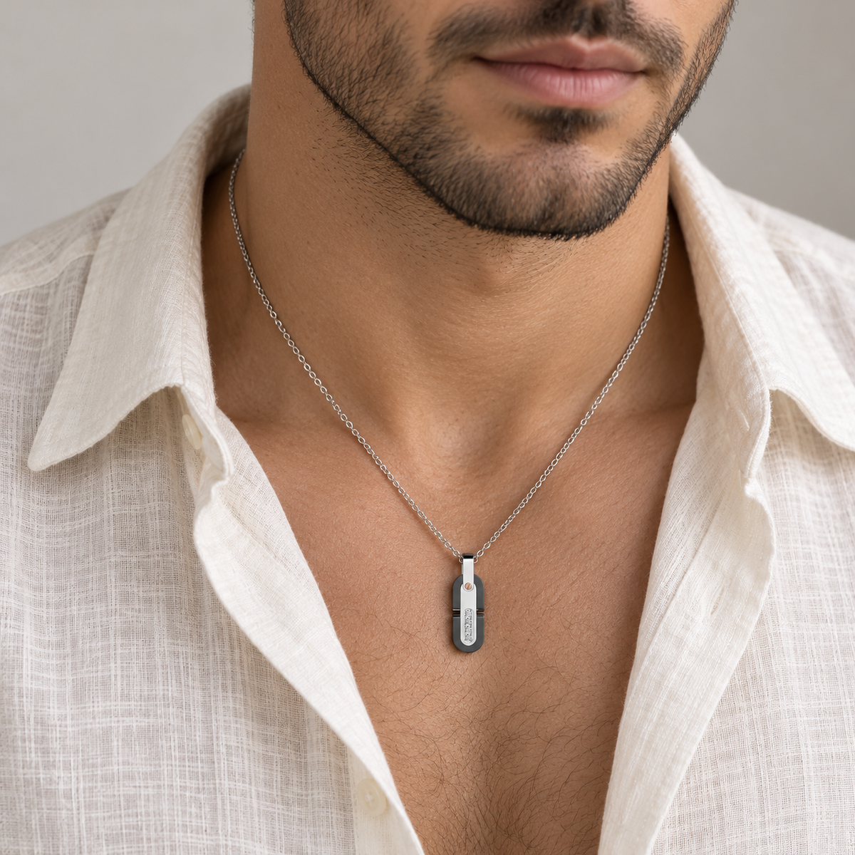 Collana Zancan in Acciaio, collezione Hi-Tech - Ciondolo con cornice nera e pietre bianche - EHC086
