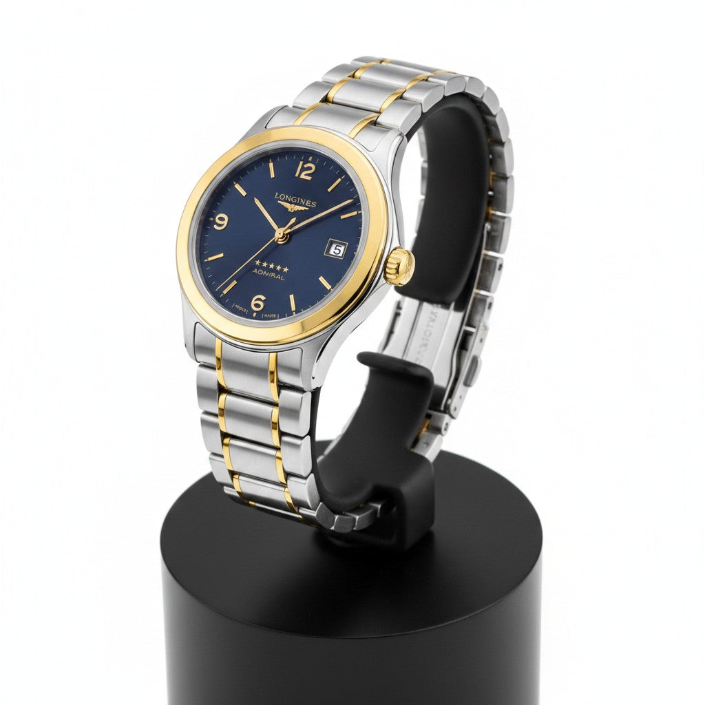 Orologio Longines Admiral — Quadrante Blu Sunburst, quarzo e bicolore, 36mm — NOS - L31045