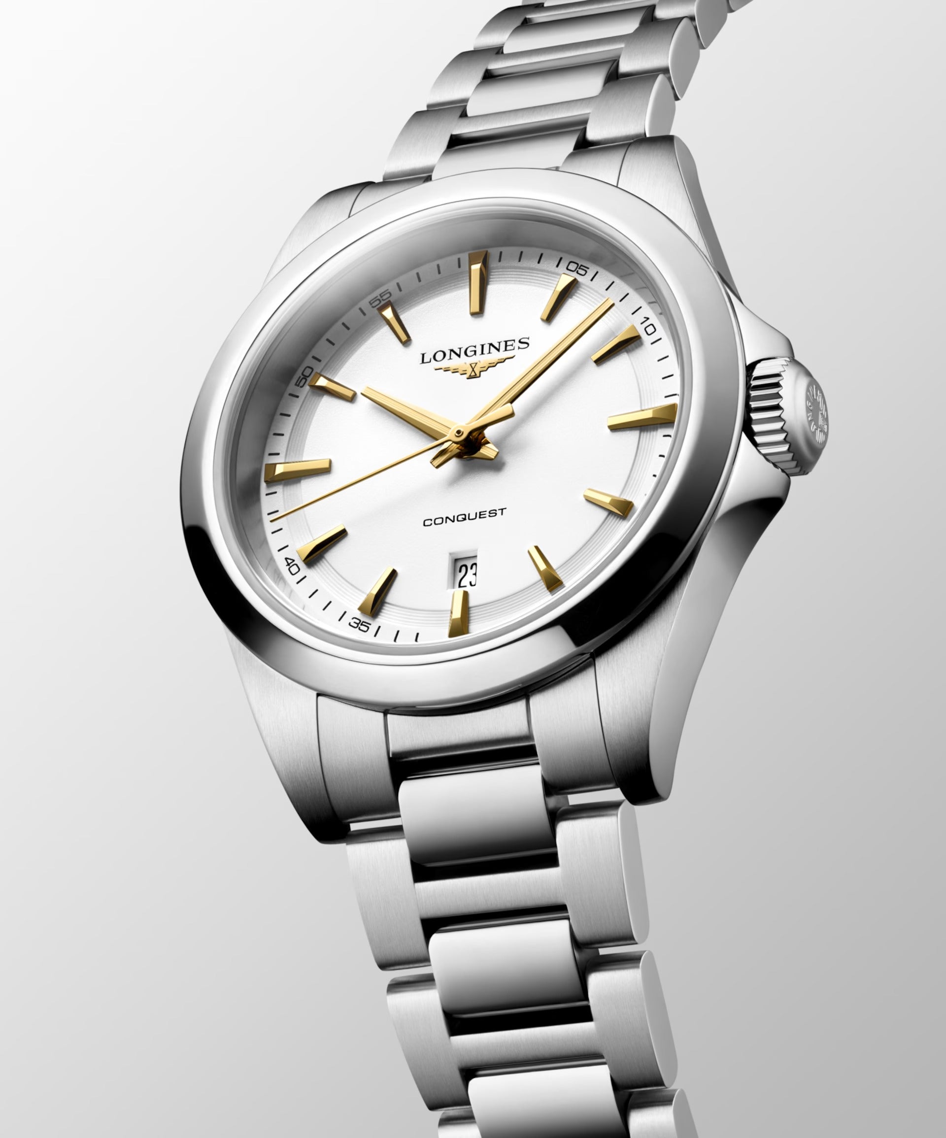 OROLOGIO LONGINES CONQUEST, quarzo quadrante bianco e lancette dorate, 30mm - L33504126