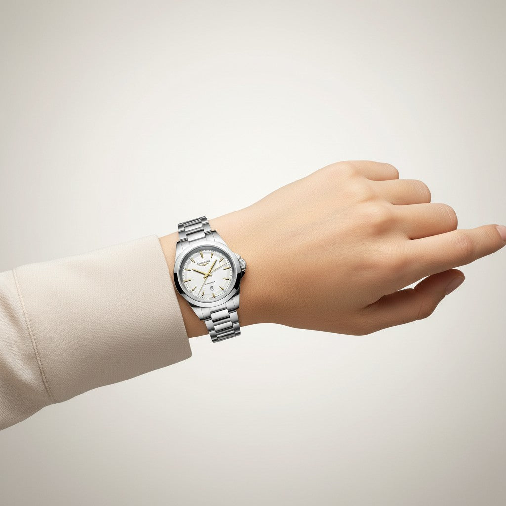 OROLOGIO LONGINES CONQUEST, quarzo quadrante bianco e lancette dorate, 30mm - L33504126