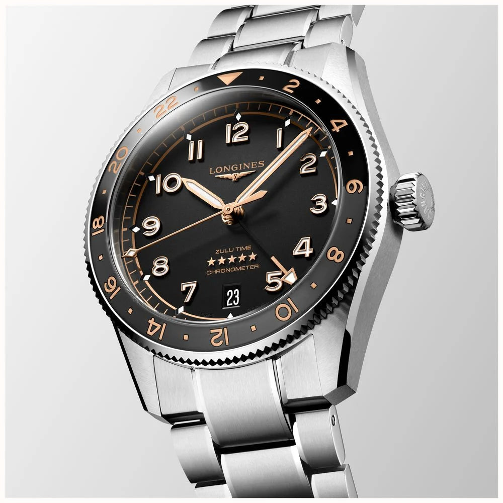 LONGINES SPIRIT ZULU TIME, quadrante nero, 39mm - L38024506